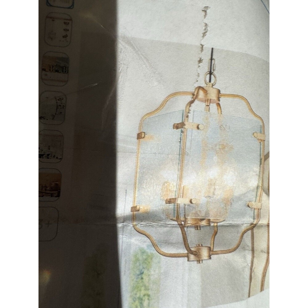 18” Antique Gold 4-Light Lantern Pendant Light Glass Chandelier